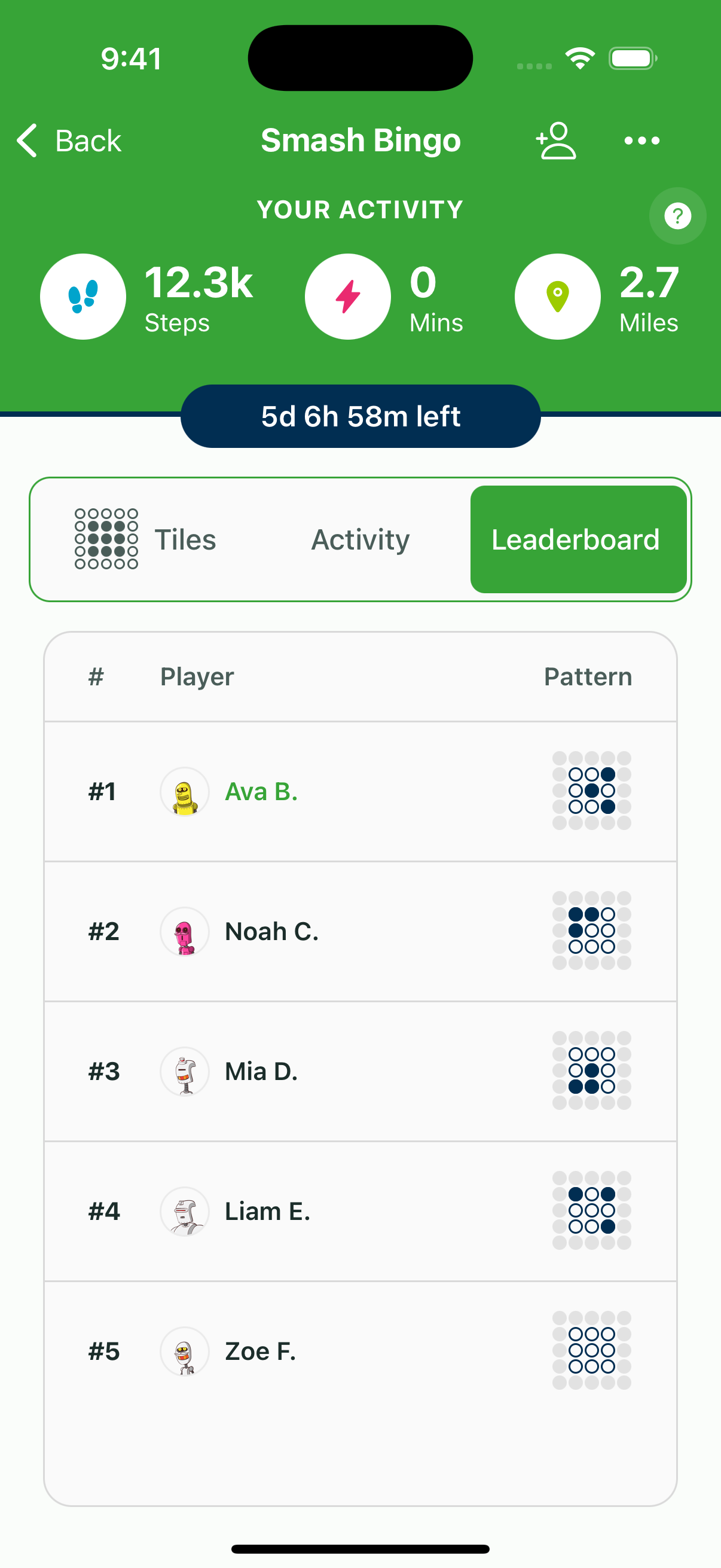 Leaderboard with player standings