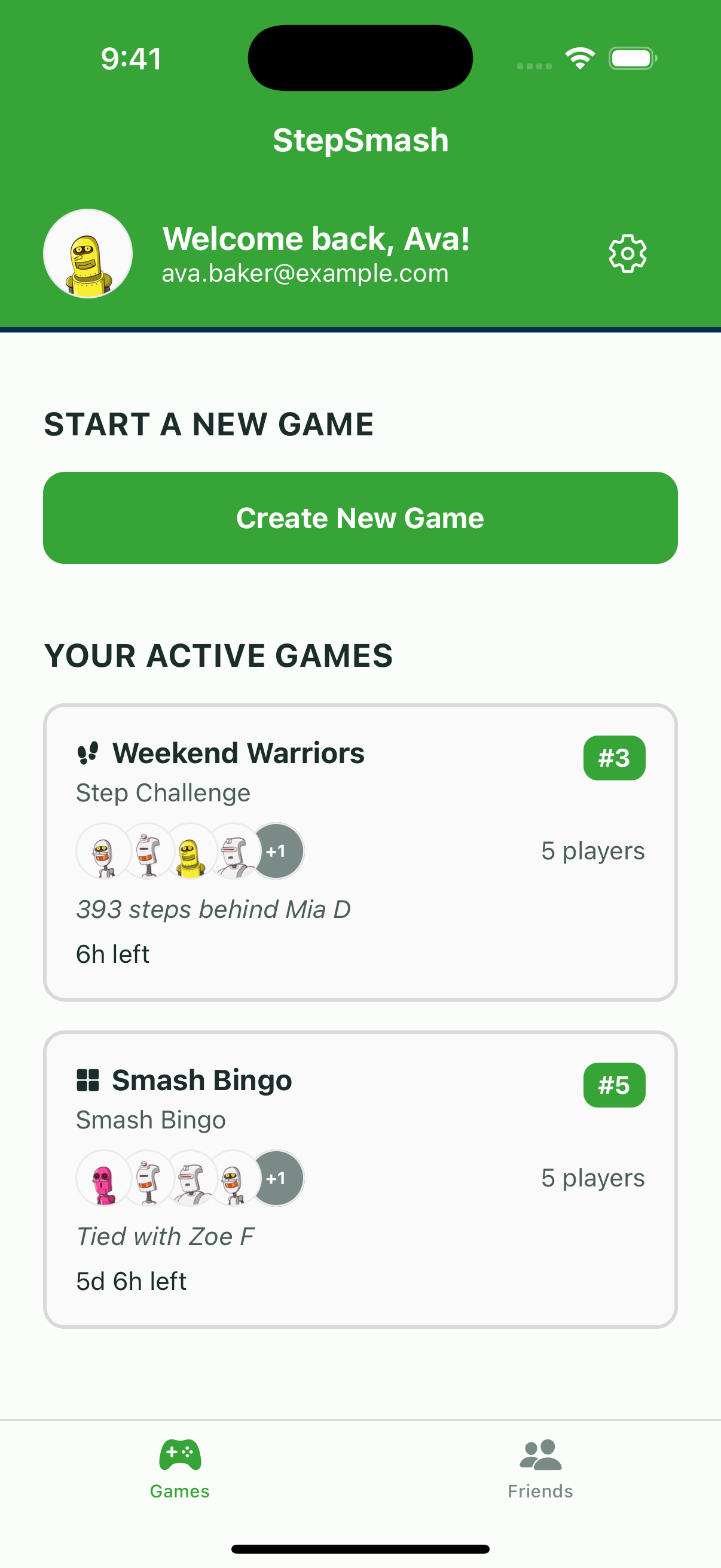 Dashboard with game list and recent games