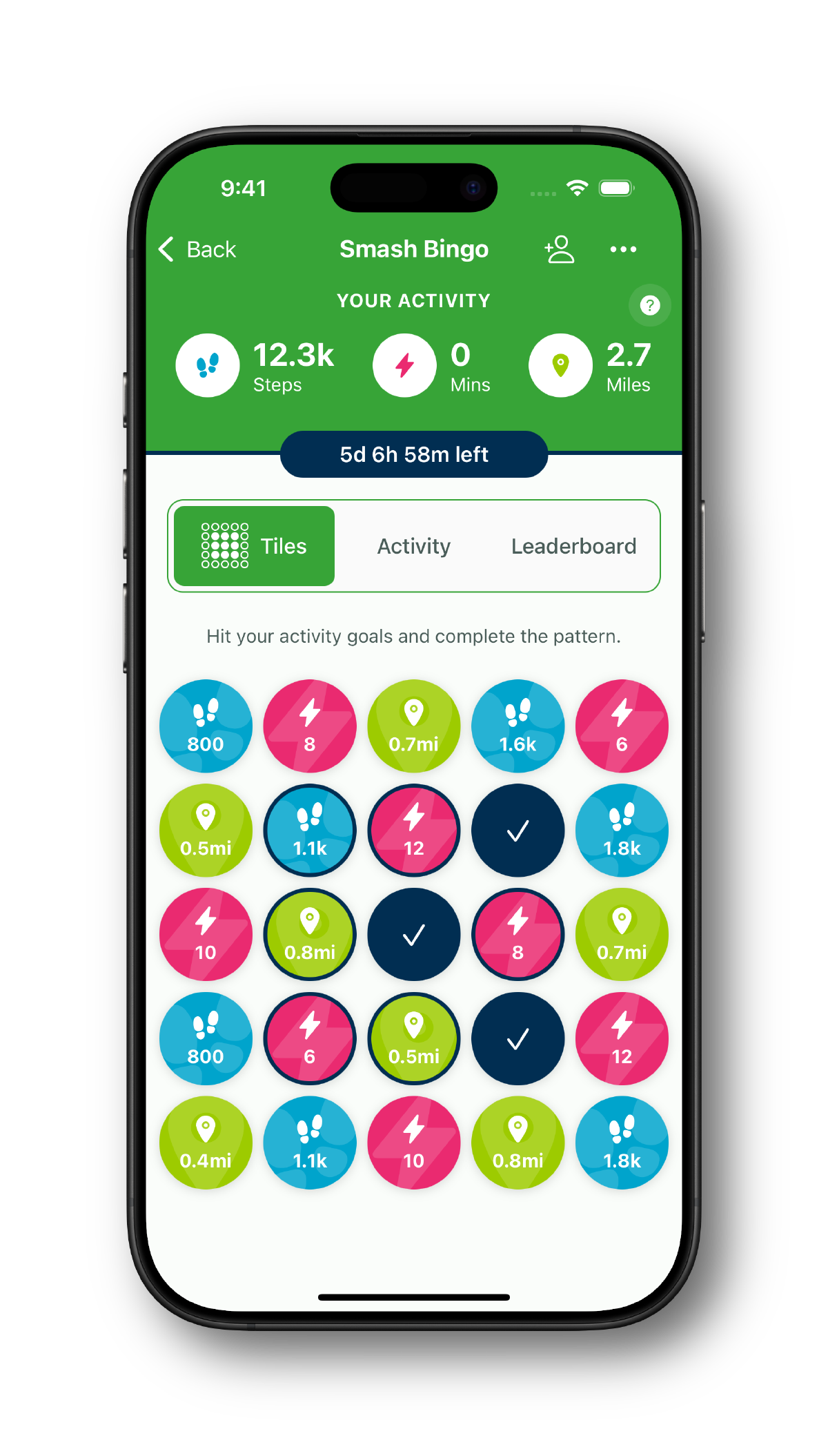 Fitbit Bingo board showing personalized step goals and a shared winning pattern