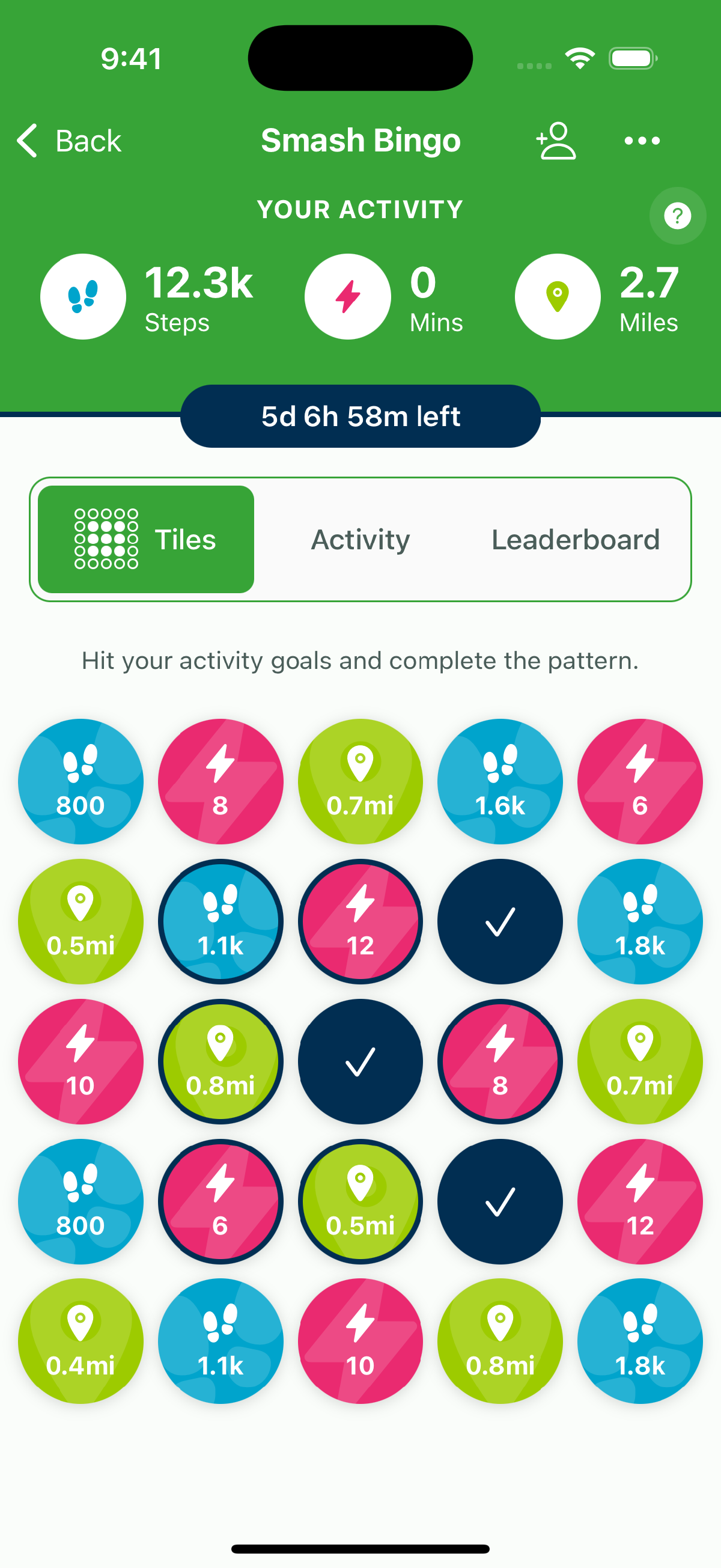 Fitbit Bingo board with personalized step and activity goal tiles