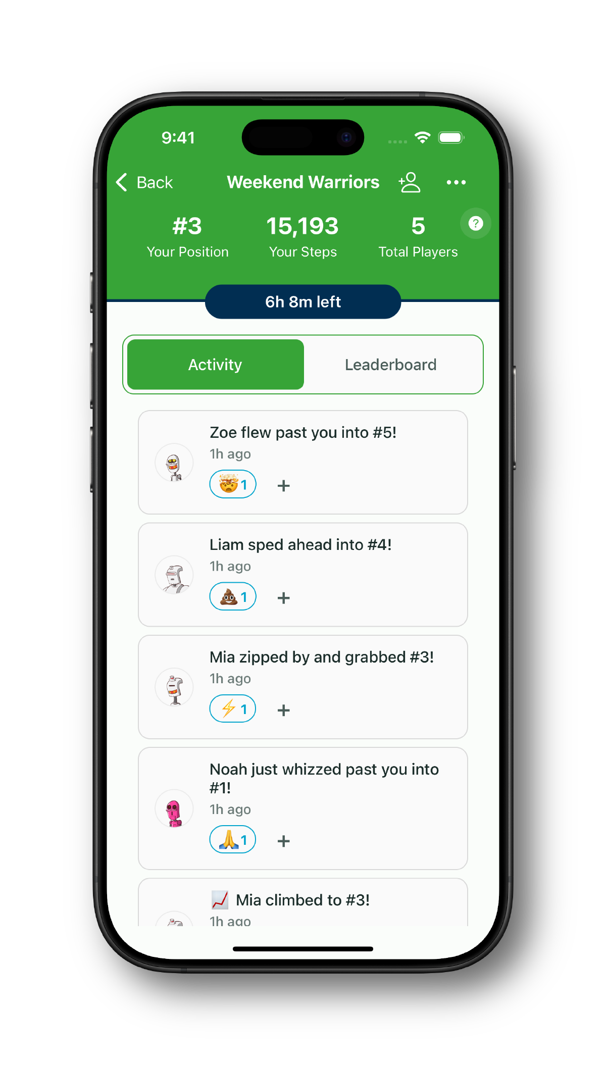 Walking competition leaderboard showing step race standings